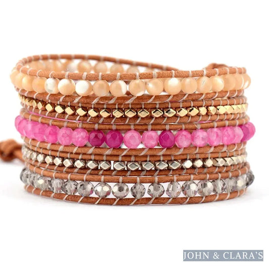Natural Sunstone & Pink Bead Wrap Bracelet