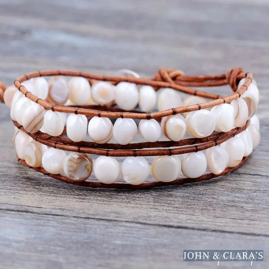 Natural Shape Shell Beads Leather Two Layer Bracelet
