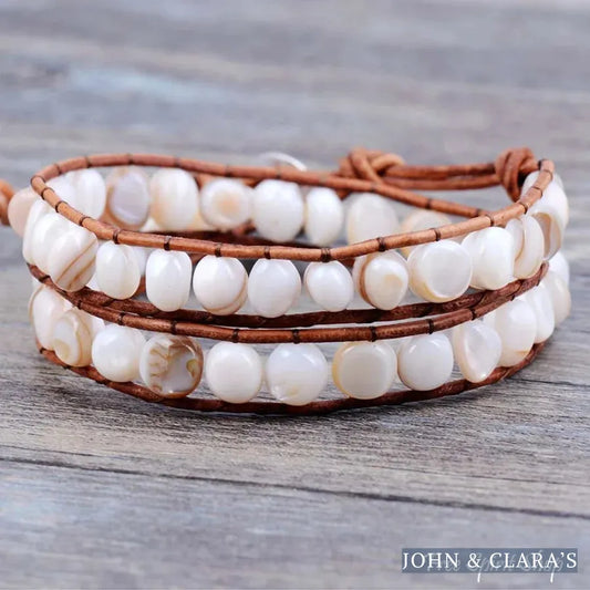 Natural Shape Shell Beads Leather Two Layer Bracelet
