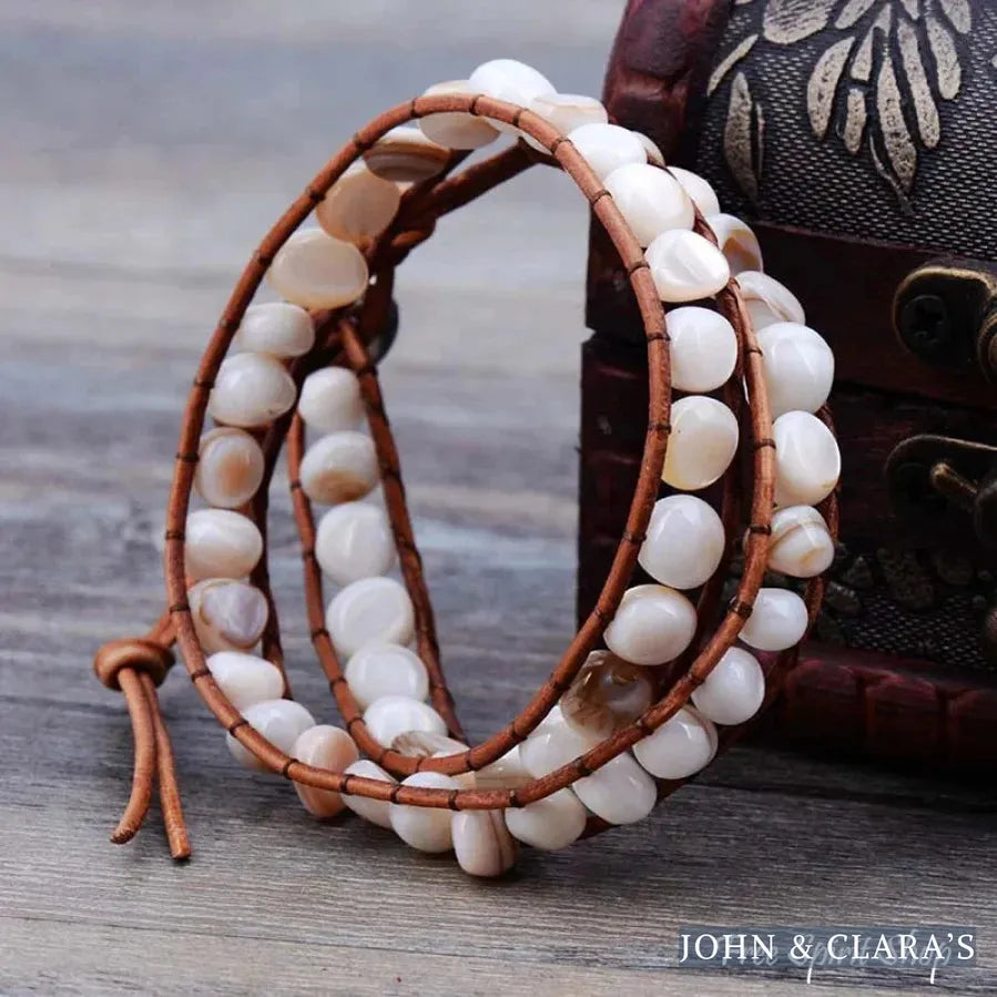 Natural Shape Shell Beads Leather Two Layer Bracelet