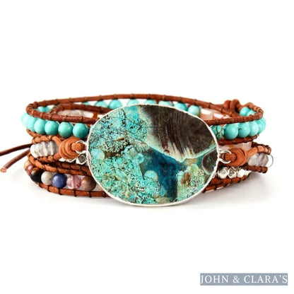 Handmade Natural Ocean Jasper Leather Wrap Bracelet