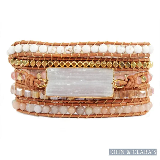 Natural White Selenite & Sunstone Wrap Bracelet