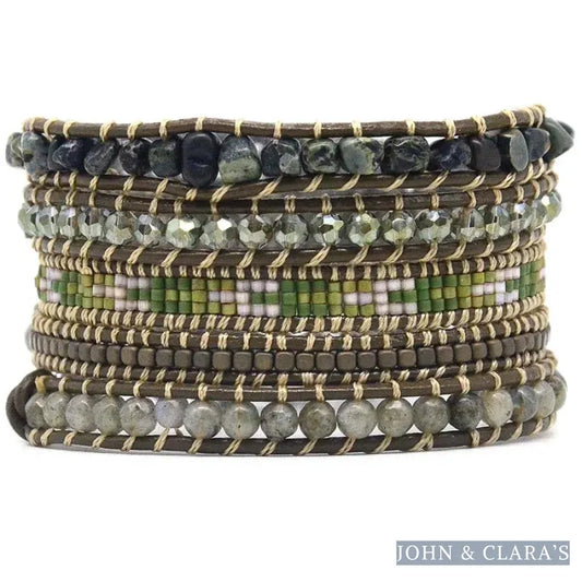 Handmade Natural Green Agate & Labradorite Gemstone Leather Wrap Bracelet