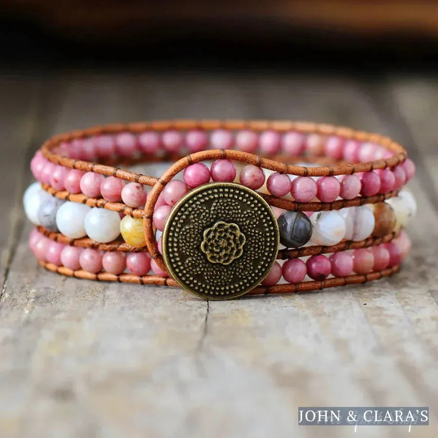 Natural Rhodonite & Amazonite Beaded Wrap Bracelet