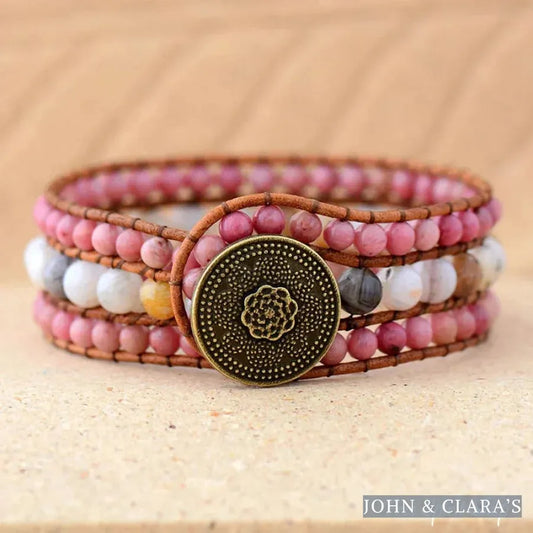 Natural Rhodonite & Amazonite Beaded Wrap Bracelet