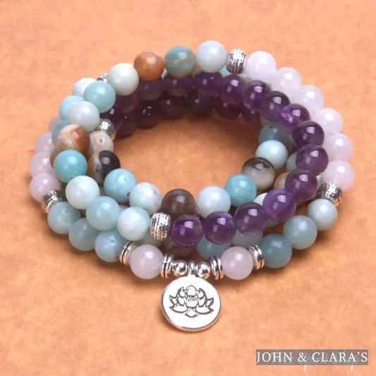 108 Amazonite Rose Quartz & Amethyst Mala Bead Bracelet