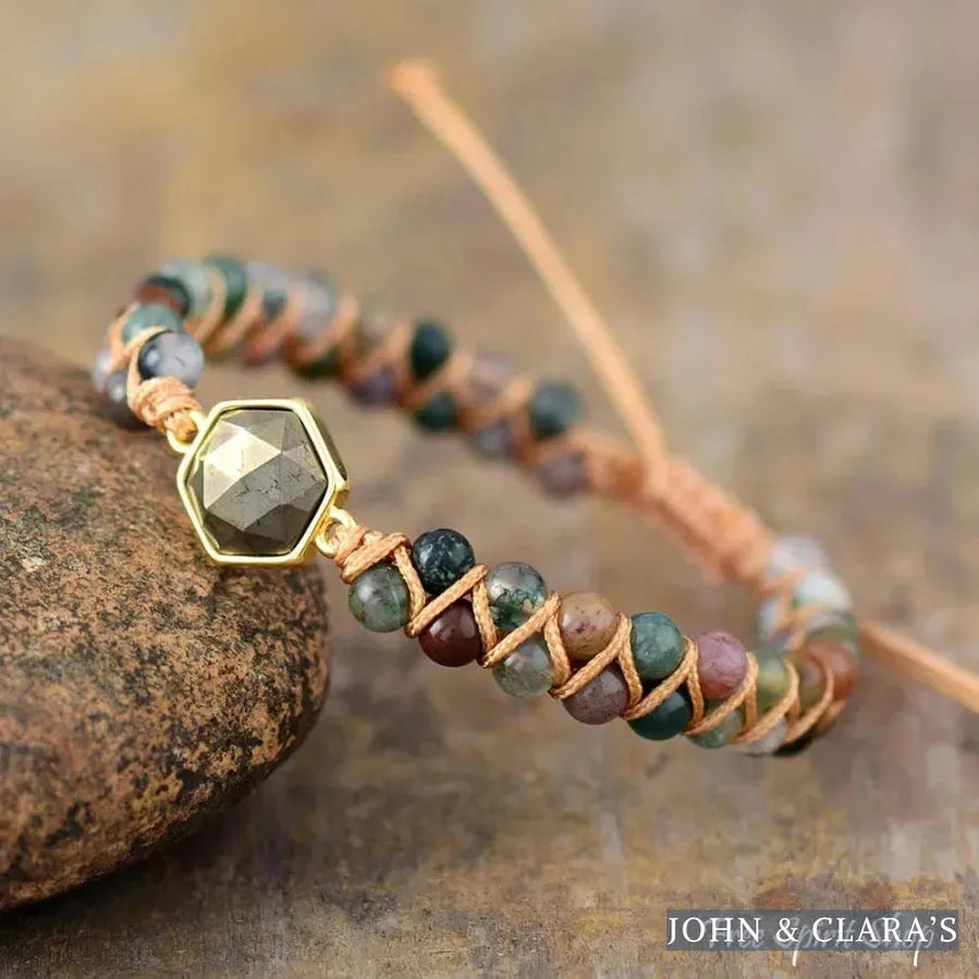 Natural Indian Agate & Pyrite Stone Beaded Bracelet