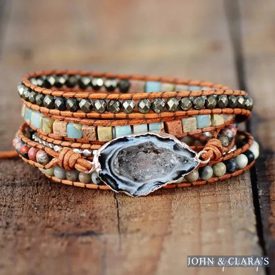 Handmade Jasper & Agate Druzy Leather Wrap Bracelet