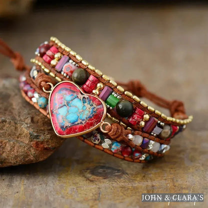 Handmade Mix Gemstone Red Heart Wrap Bracelet