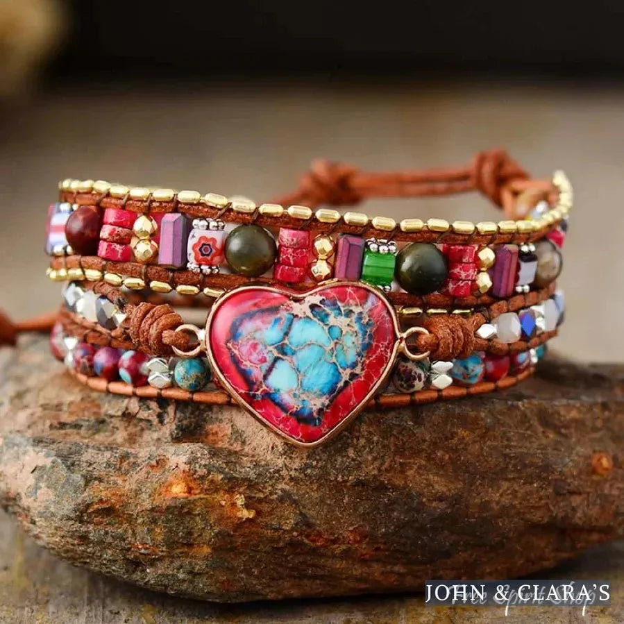 Handmade Mix Gemstone Red Heart Wrap Bracelet