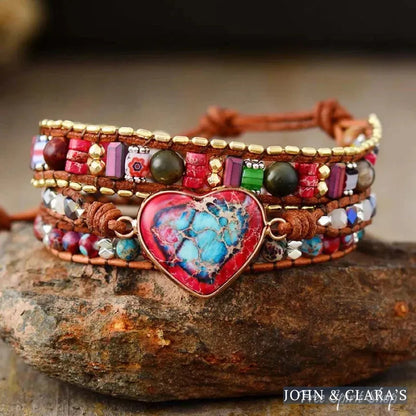 Handmade Mix Gemstone Red Heart Wrap Bracelet