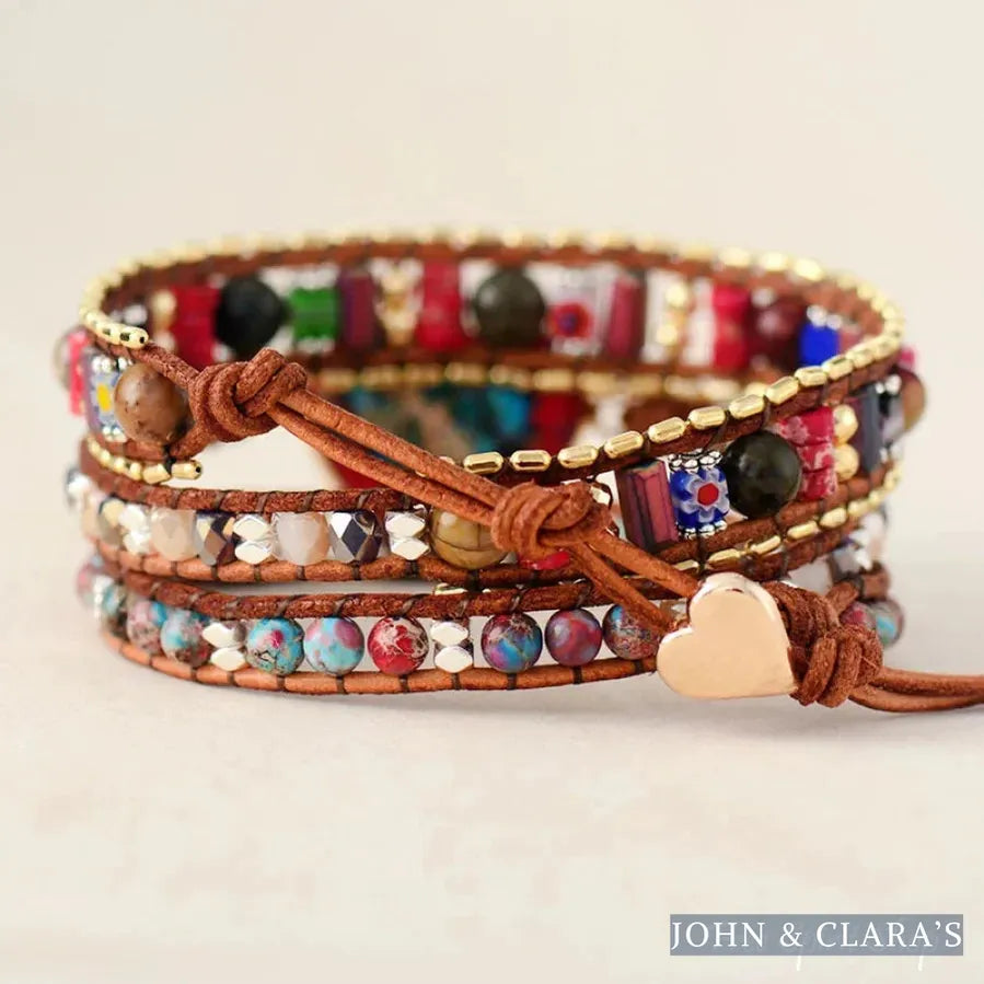 Handmade Mix Gemstone Red Heart Wrap Bracelet