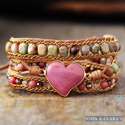 Natural Rhodonite & Jasper LOVE Wrap Bracelet