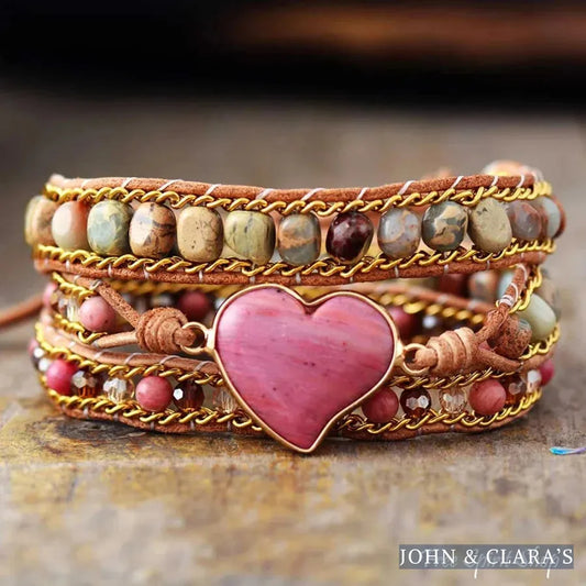Natural Rhodonite & Jasper LOVE Wrap Bracelet
