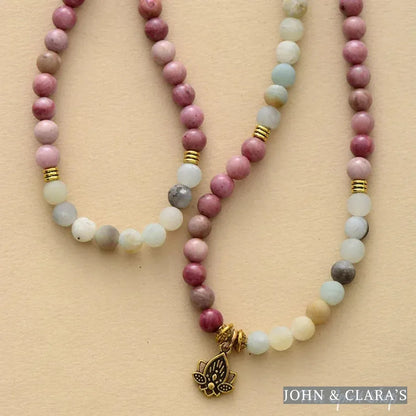 108 Natural Amazonite & Rhodonite Mala With Lotus Flower Charm