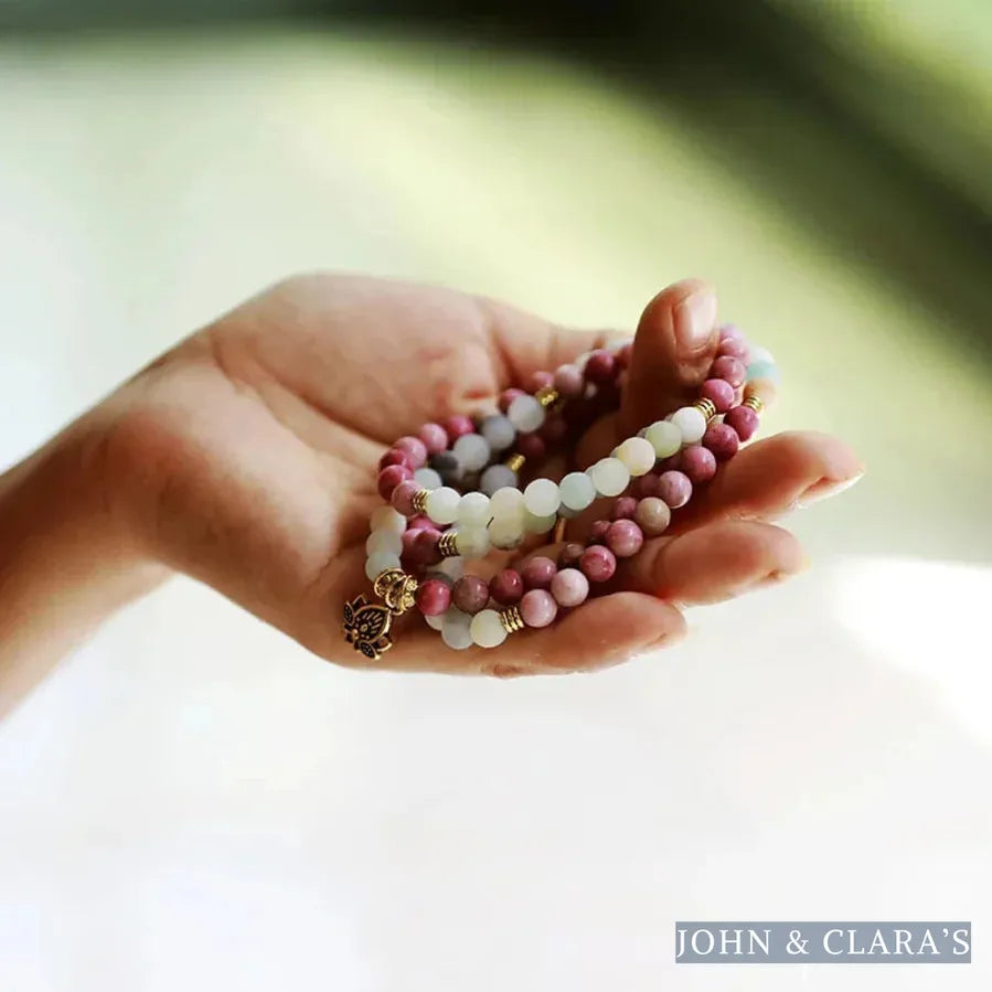 108 Natural Amazonite & Rhodonite Mala With Lotus Flower Charm