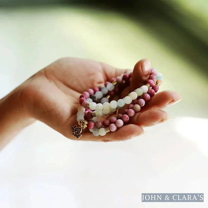 108 Natural Amazonite & Rhodonite Mala With Lotus Flower Charm
