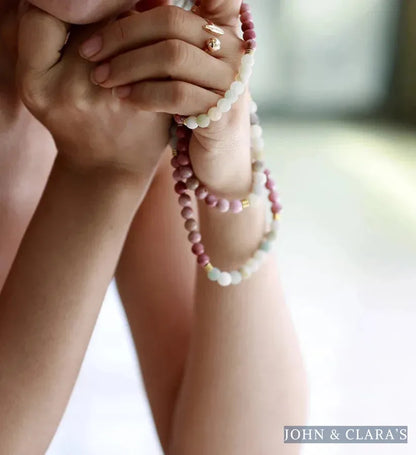 108 Natural Amazonite & Rhodonite Mala With Lotus Flower Charm
