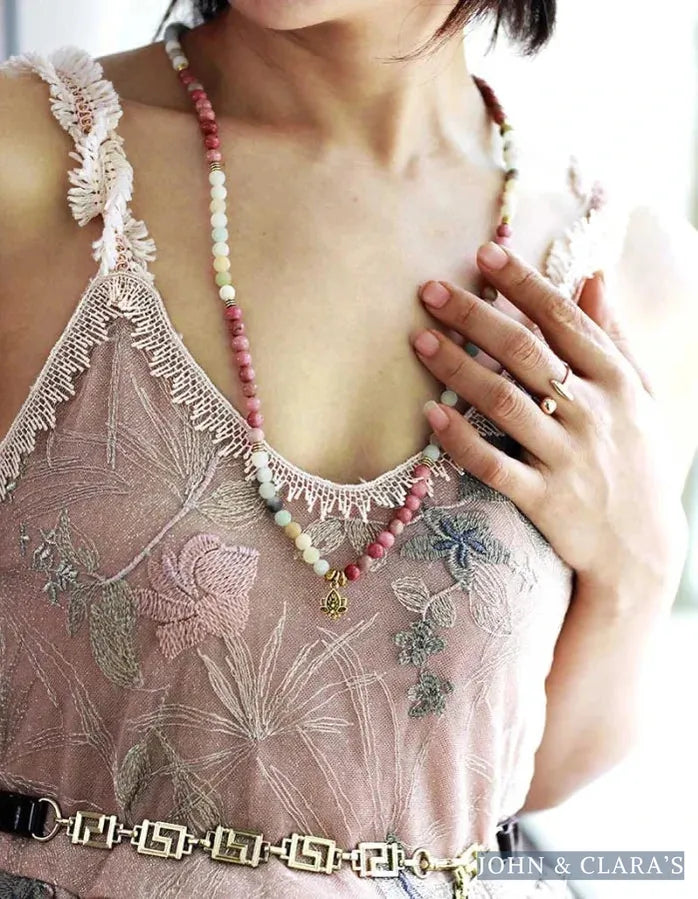 108 Natural Amazonite & Rhodonite Mala With Lotus Flower Charm