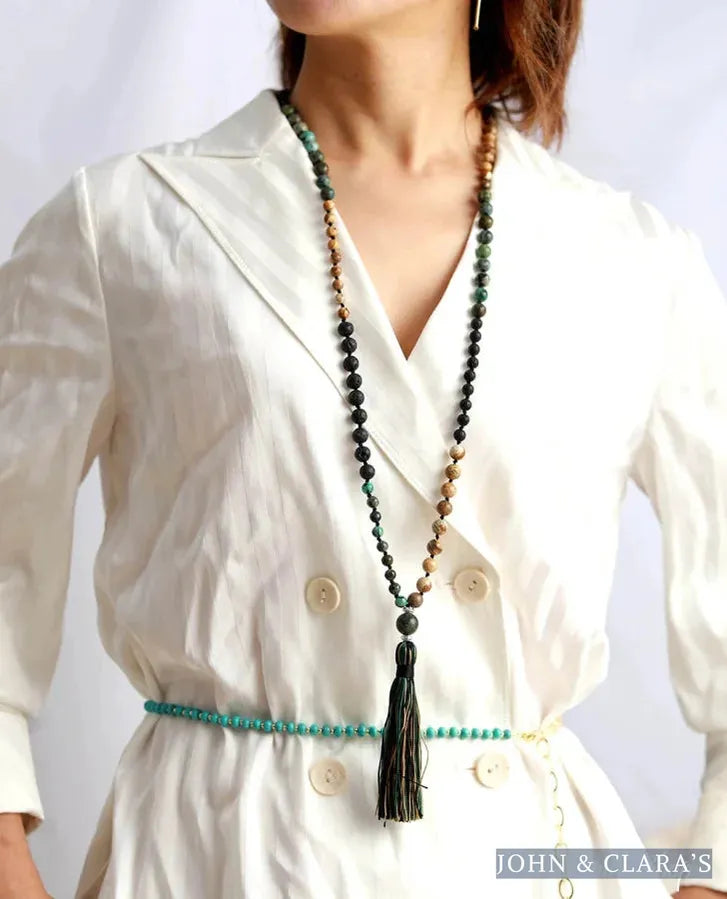 108 Natural Semi-Precious Jasper & Lava Stone Beads Mala Necklace