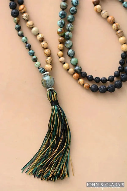 108 Natural Semi-Precious Jasper & Lava Stone Beads Mala Necklace