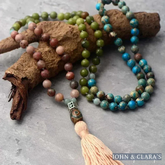108 Natural Pink Aventurine Blue Jasper & Green Opal Mala Bead Necklace