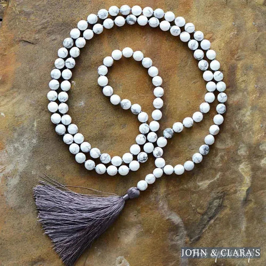 108 Natural Howlite Mala Bead Prayer Necklace With Tassel