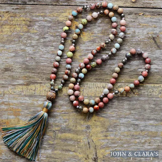 Natural Handmade Jasper Agate & Pyrite Bead Necklace With Tassel