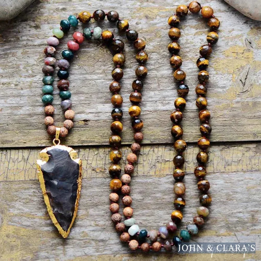 Handmade Natural Tiger Eye & Onyx Stone Necklace With Arrowhead Pendant