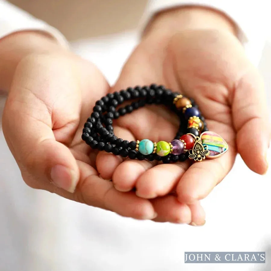 Natural Black Lava Stone & Chakra Heart Bead Bracelet