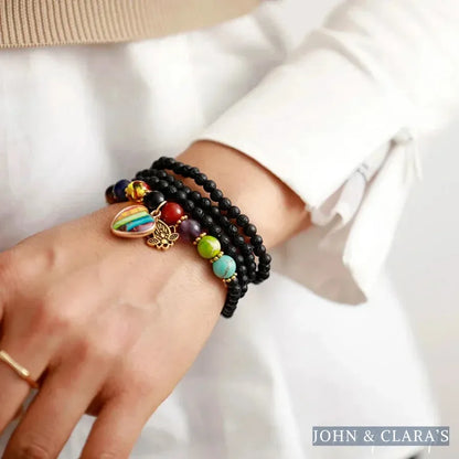 Natural Black Lava Stone & Chakra Heart Bead Bracelet