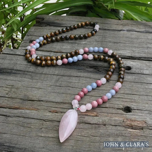 108 Natural Tiger Eye Rose Quartz Rhodonite Mala Bead Necklace