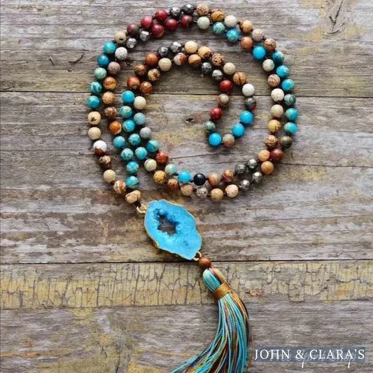 Handmade Natural Jasper & Pyrite Stone Druzy Necklace