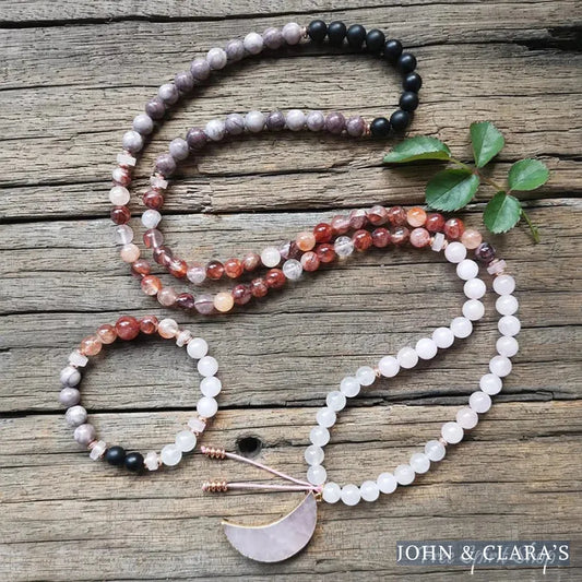 108 Red Crystal Rose Quartz & Black Onyx Mala Bead Moon Necklace