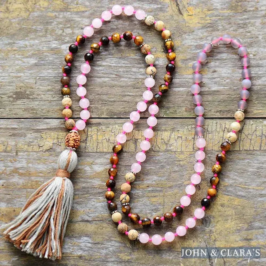 108 Natural Rose Quartz Tiger Eye Jasper Gemstone Mala Bead Necklace