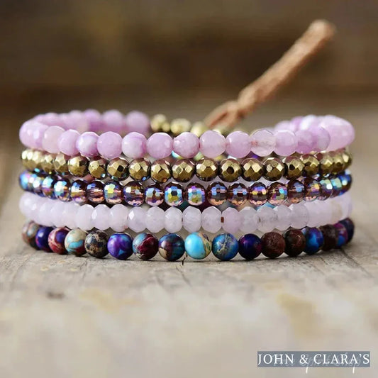 Rose Quartz Pyrite & Purple Jasper 5 Layer Bead Bracelets