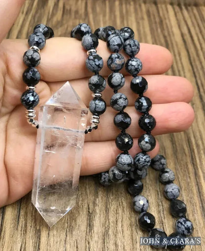 Natural Snowflake Obsidian & Clear Quartz Pendant Necklace
