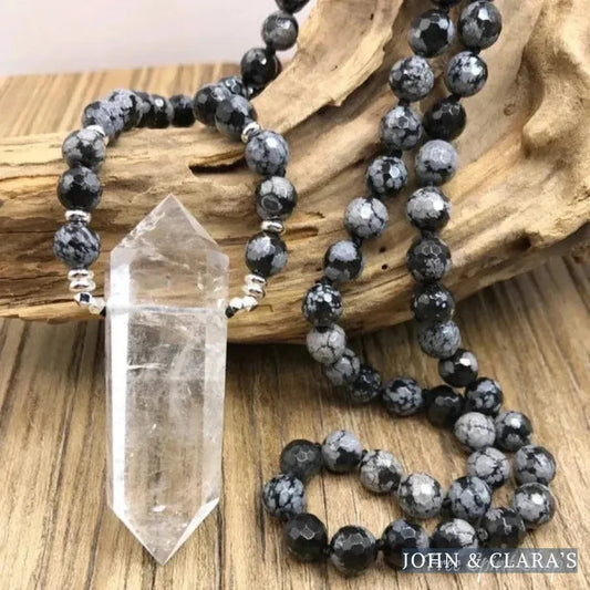 Natural Snowflake Obsidian & Clear Quartz Pendant Necklace