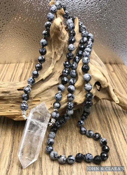 Natural Snowflake Obsidian & Clear Quartz Pendant Necklace