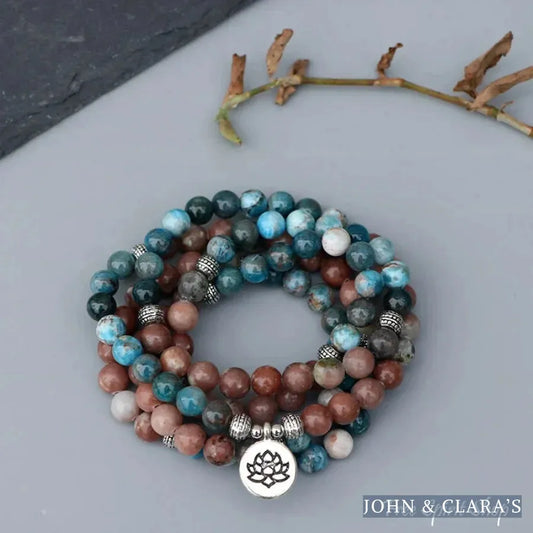108 Natural Aqua Apatite & Red Stone Mala Bracelet
