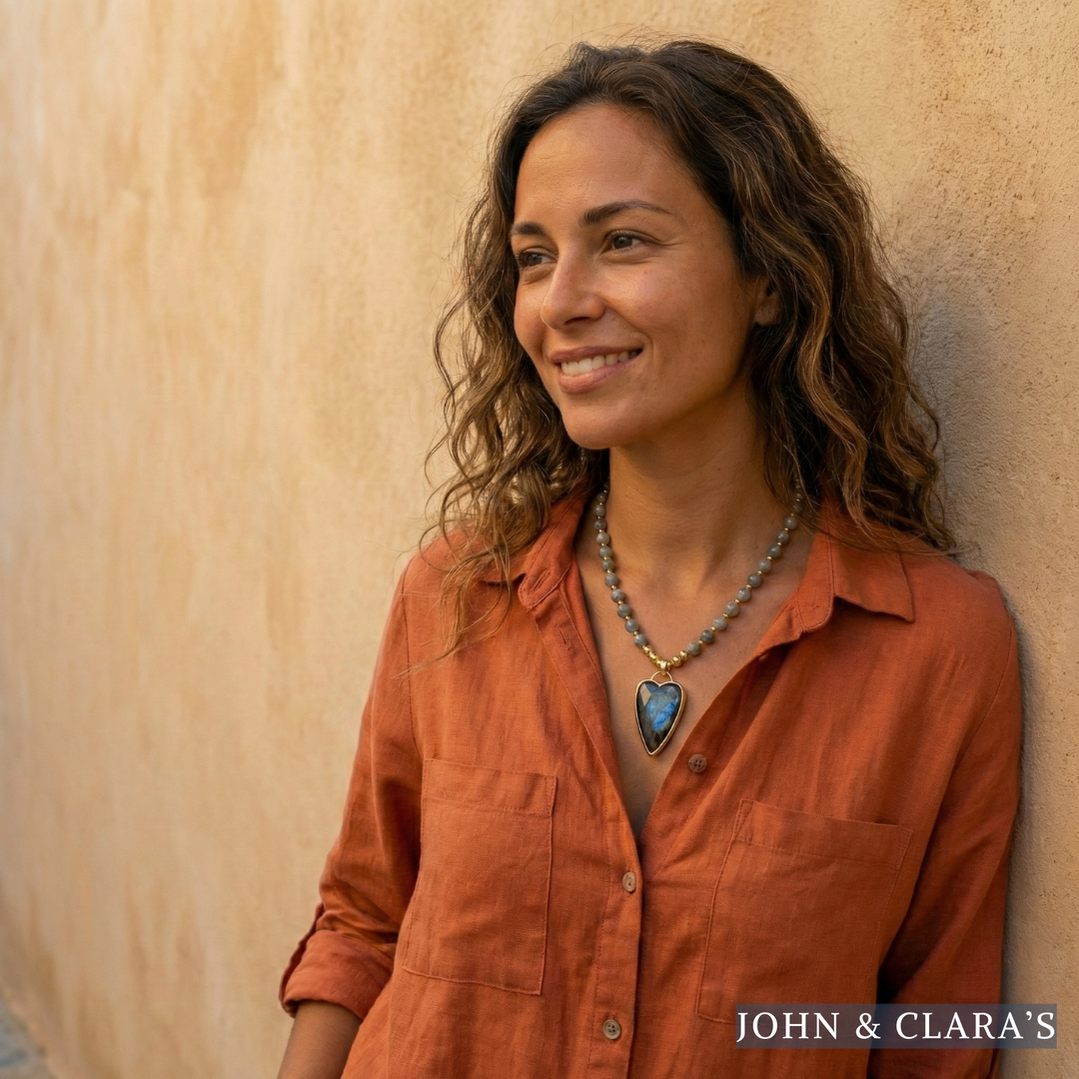 Natural Labradorite With Heart Pendant Bead Necklace