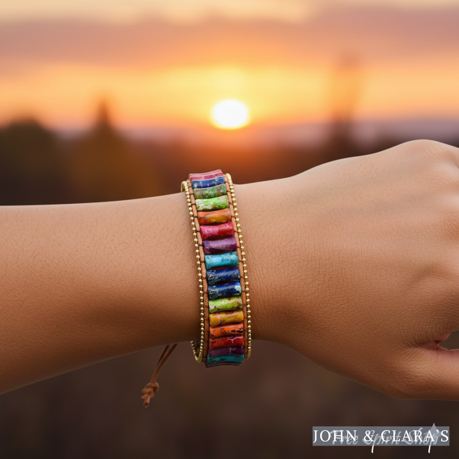7 Chakra Jasper Tube Bead Leather Bracelet