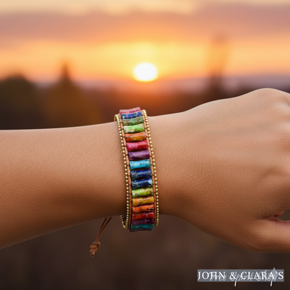 7 Chakra Jasper Tube Bead Leather Bracelet