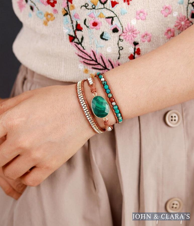 Handmade Malachite & Chain Beaded Wrap Bracelet
