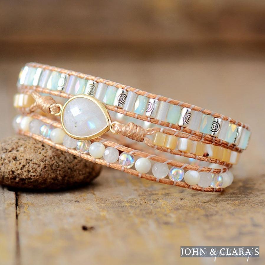 Handmade Moonstone & Pearly Rainbow Bead Wrap Bracelet