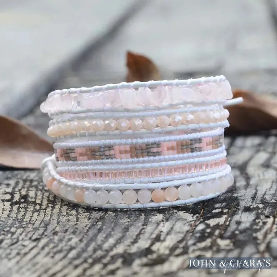 Natural Rose Quartz & Aventurine White Wrap Bracelet