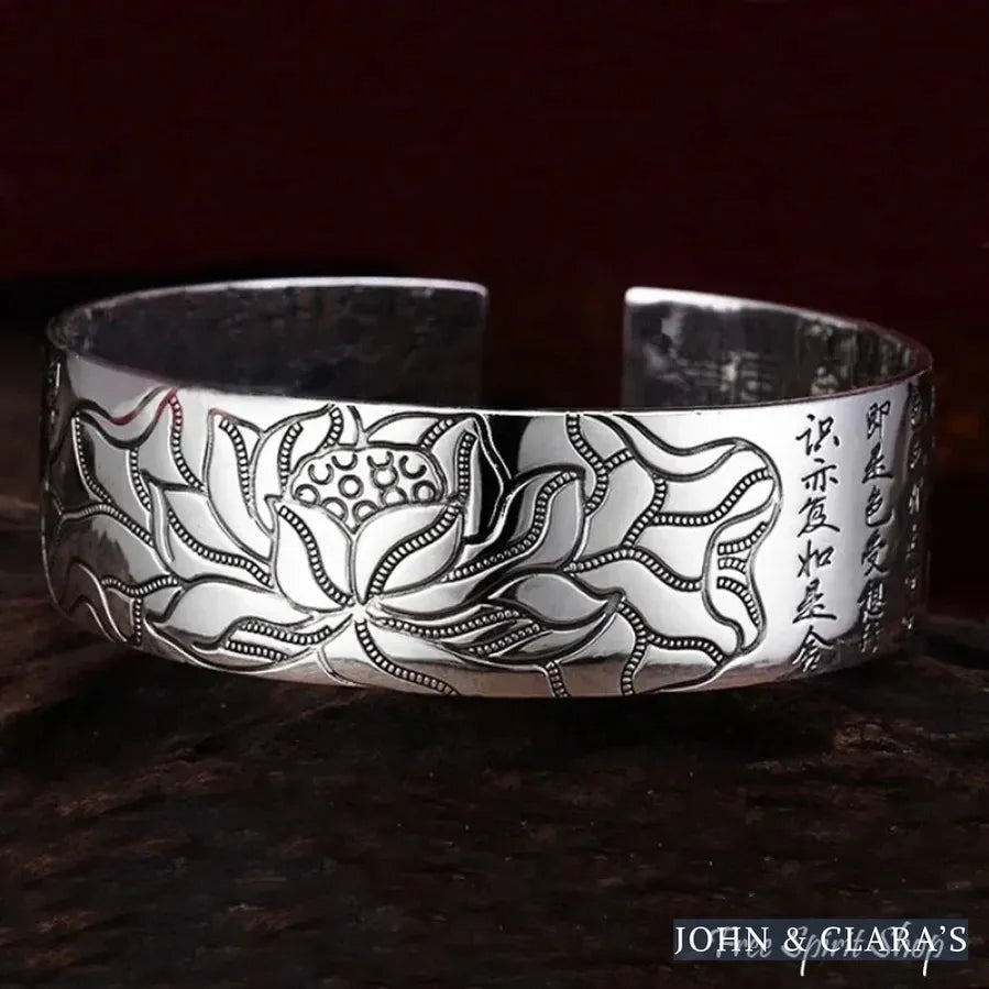 Buddhist Lotus & Heart Sutra Bangle Bracelet
