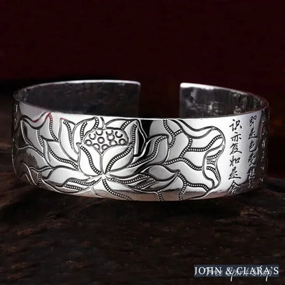 Buddhist Lotus & Heart Sutra Bangle Bracelet
