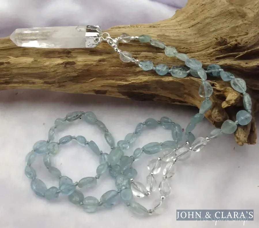 Natural Aquamarine & Clear Quartz Gemstone Necklace