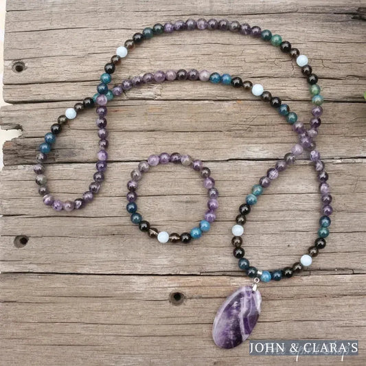 108 Amethyst, Apatite, Black Onyx, Aquamarine, & Smokey Quartz Mala Bead Necklace